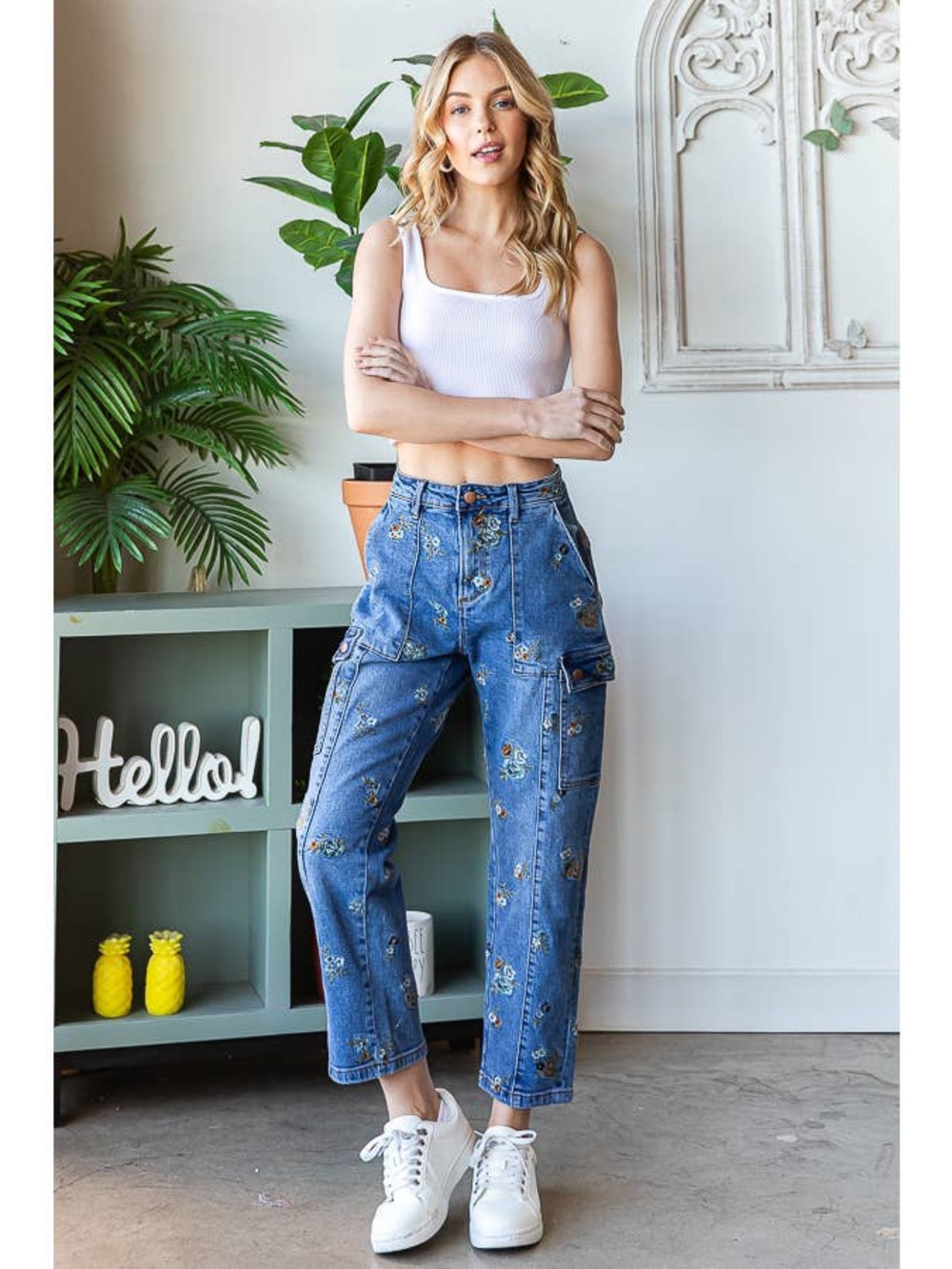 Floral Embroidered Blue Women’s Crop Cargo Jeans